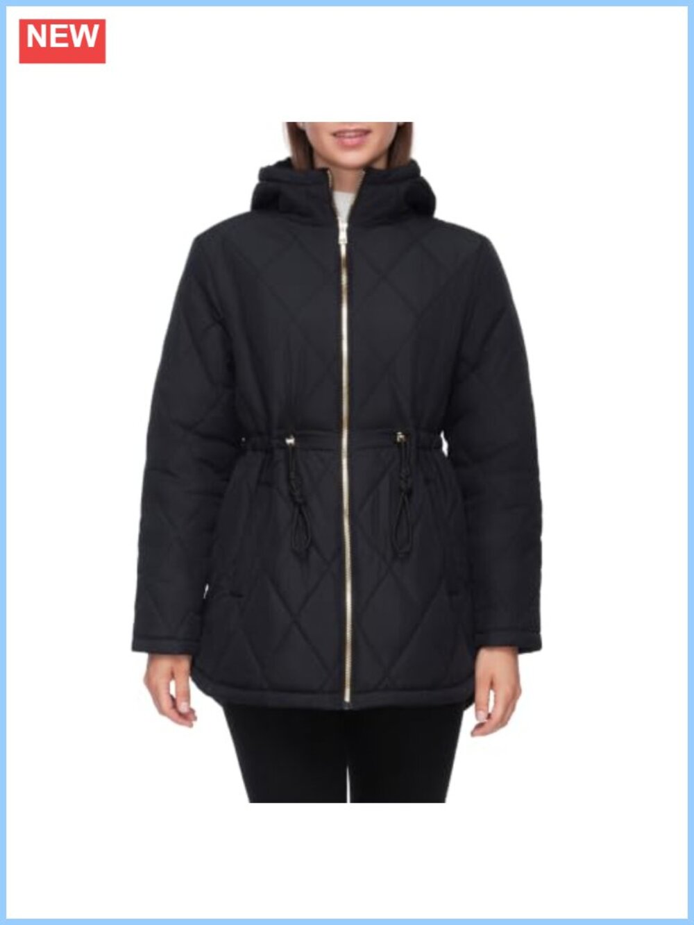 Diamond Quilted Puffer Jacket Adjustable Hem Waist Hooded Winter Coat